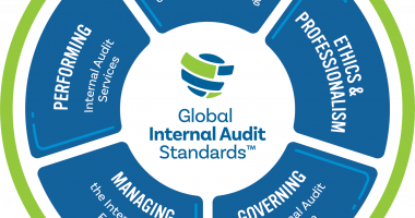 Logo for Global Internal Audit standards 2024, med de fem domenene plassert i en sirkel
