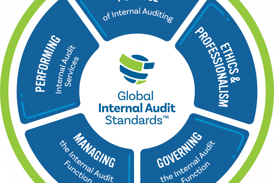 Logo for Global Internal Audit standards 2024, med de fem domenene plassert i en sirkel